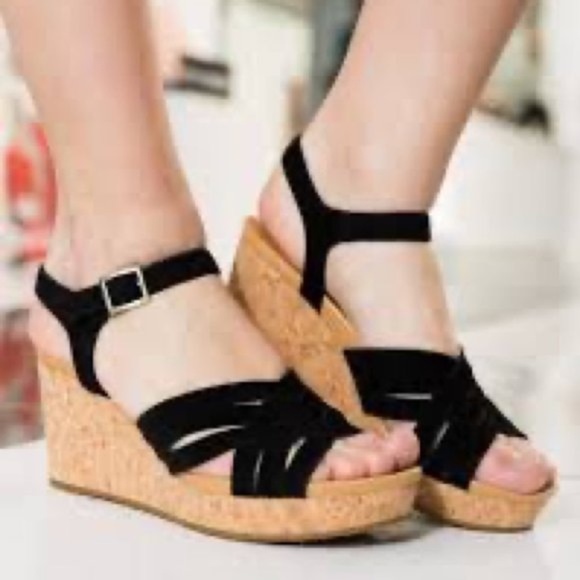 UGG Uma Black Suede Leather Cork Wedge Platform Heels Sandal Ankle Strap 9.5 - Picture 7 of 16